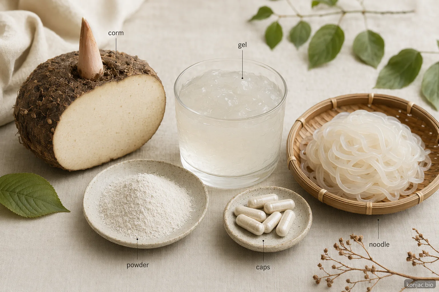 glucomannan guide with konjac corm, thick gel, powder, capsules, and shirataki noodles showing key supplement forms