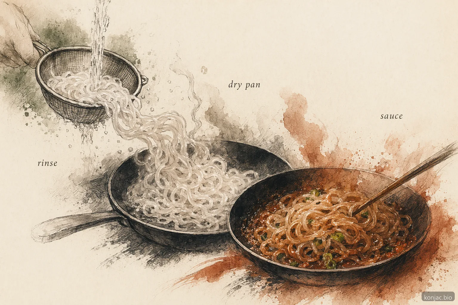 glucomannan noodles cook best when rinsed, dry-panned, then finished in sauce for better texture