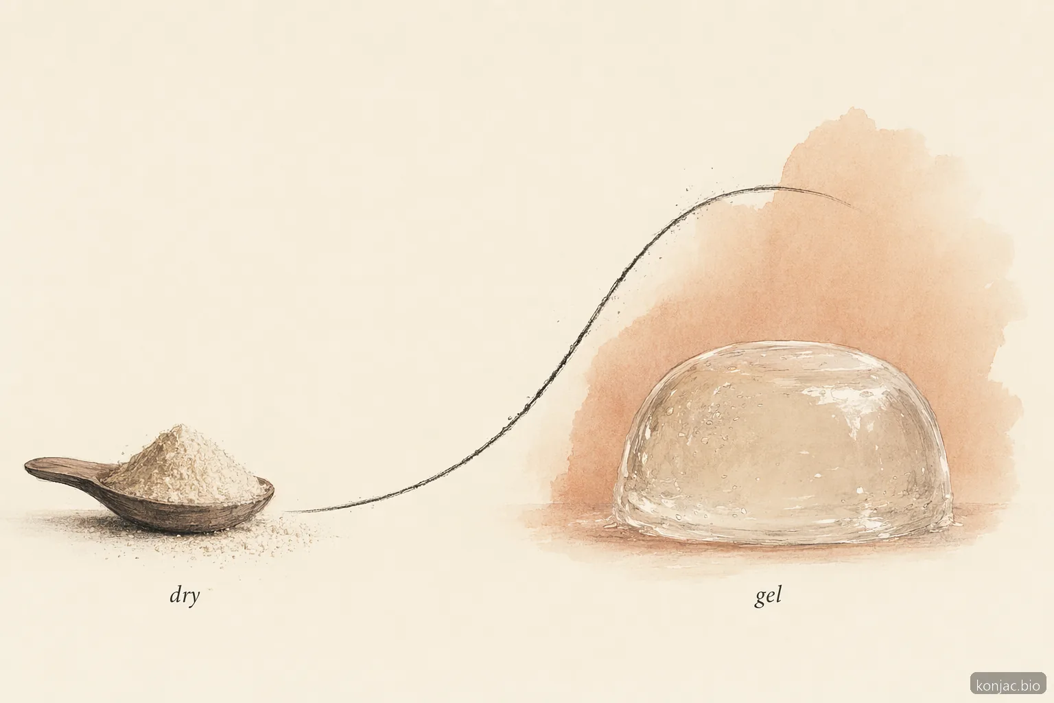 konjac and glucomannan thicken as water hydrates the fiber, forming a gel that requires adequate fluid intake.