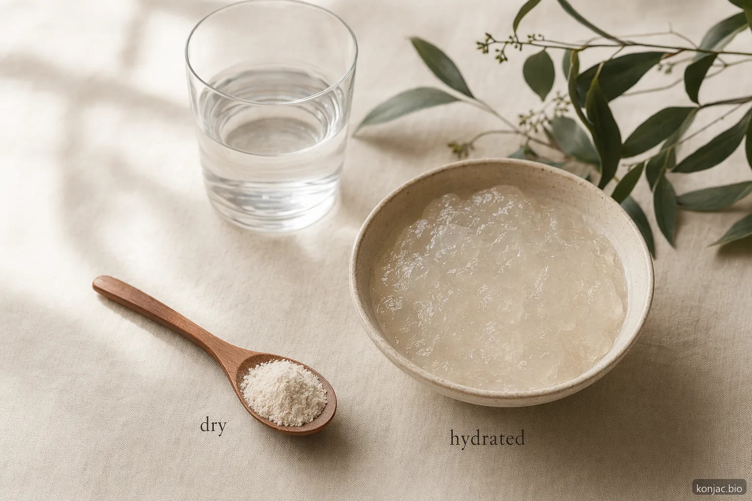 side effects of glucomannan expansion risk shows dry powder swelling into gel when enough water is added
