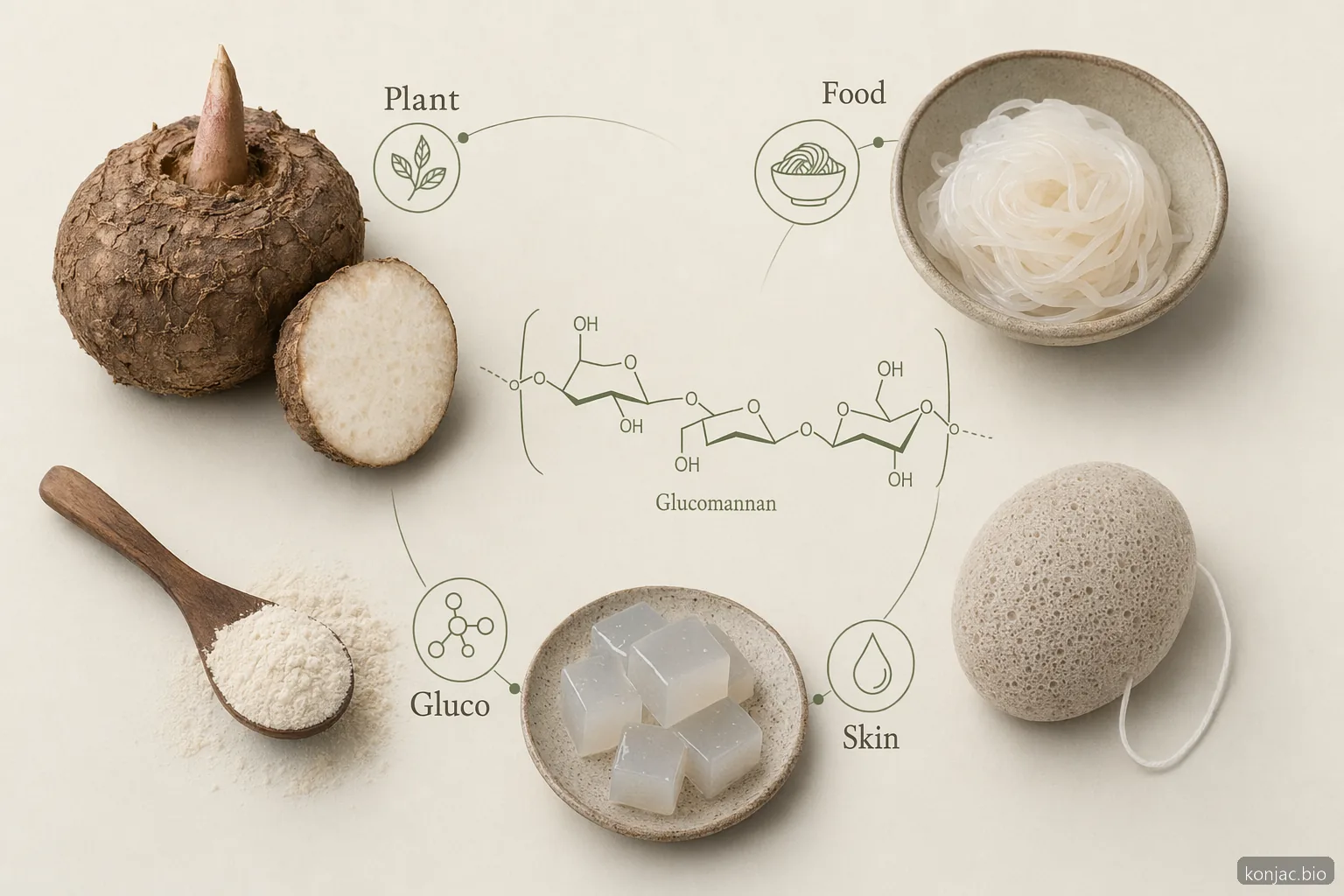 konjac reference still life linking corm, shirataki, glucomannan powder, jelly, and sponge.