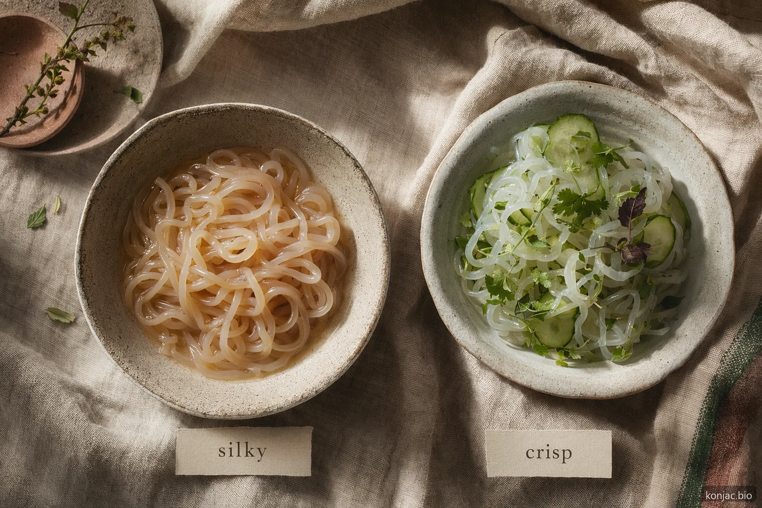 shirataki vs kelp noodles texture guide: shirataki turns silky in broth, while kelp noodles stay crisp in bowls