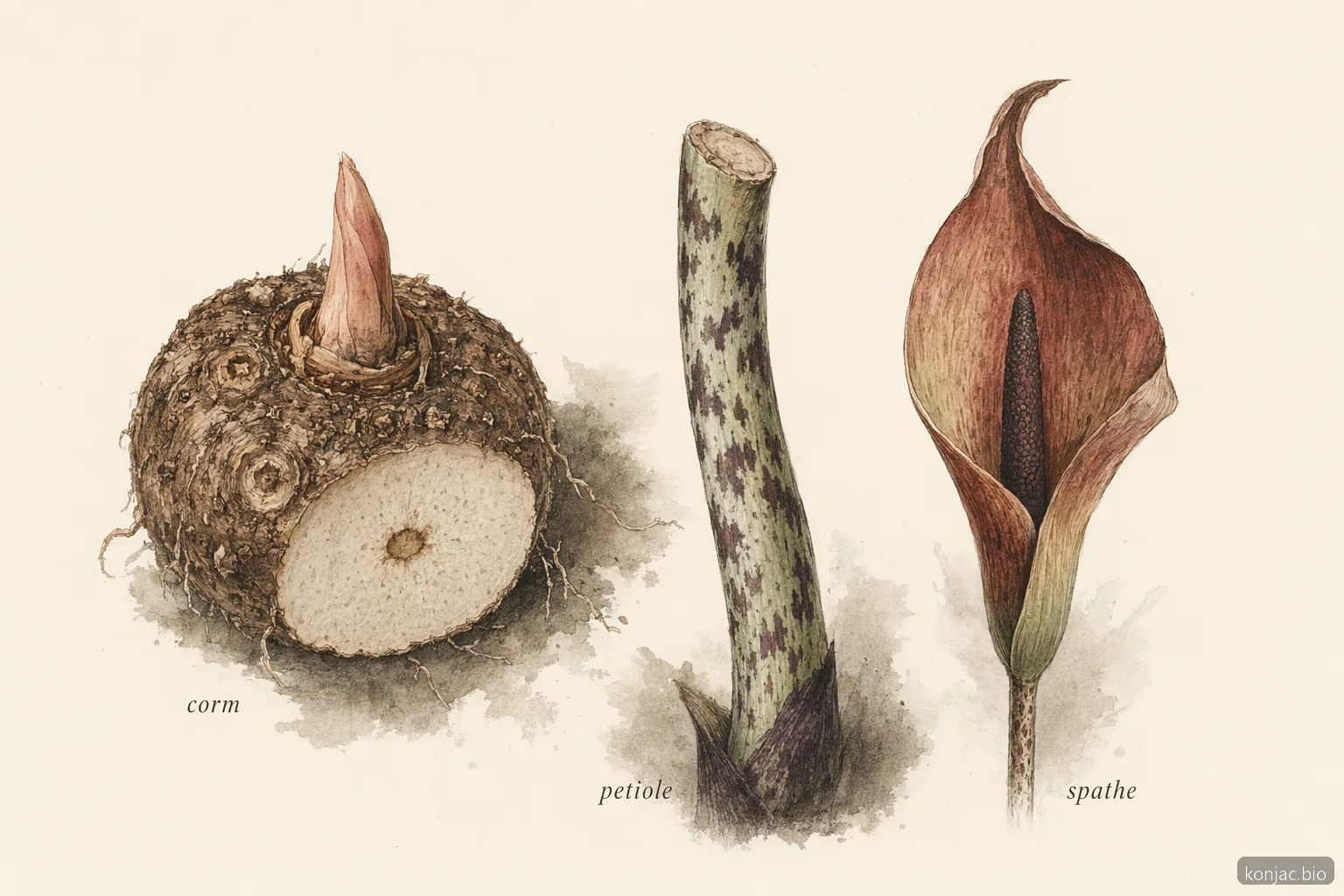 amorphophallus rivieri konjac traits center on a corm, mottled petiole, and spathe used to verify identity