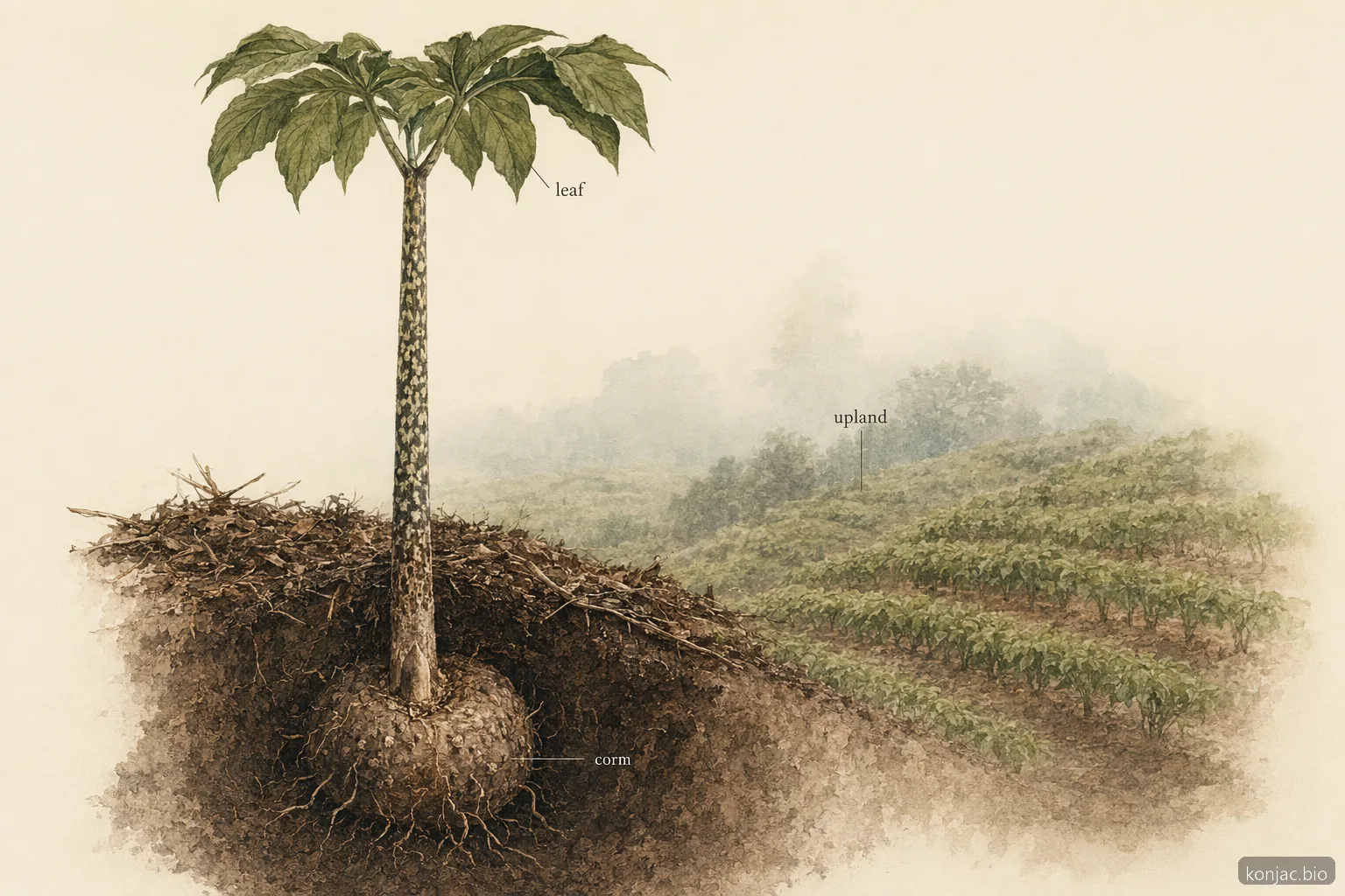 japan konjac upland field illustration shows corms are grown in drained hillsides before processing into food