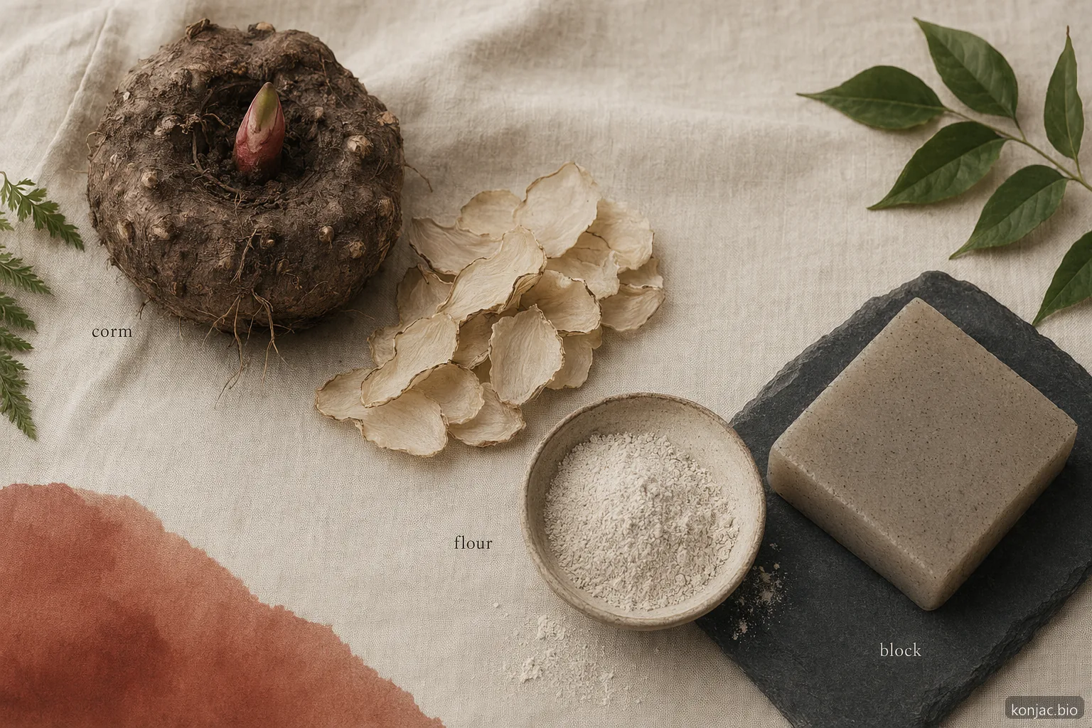 japan konjac still life traces corm, refined flour, and konnyaku block as main stages from farm crop to food