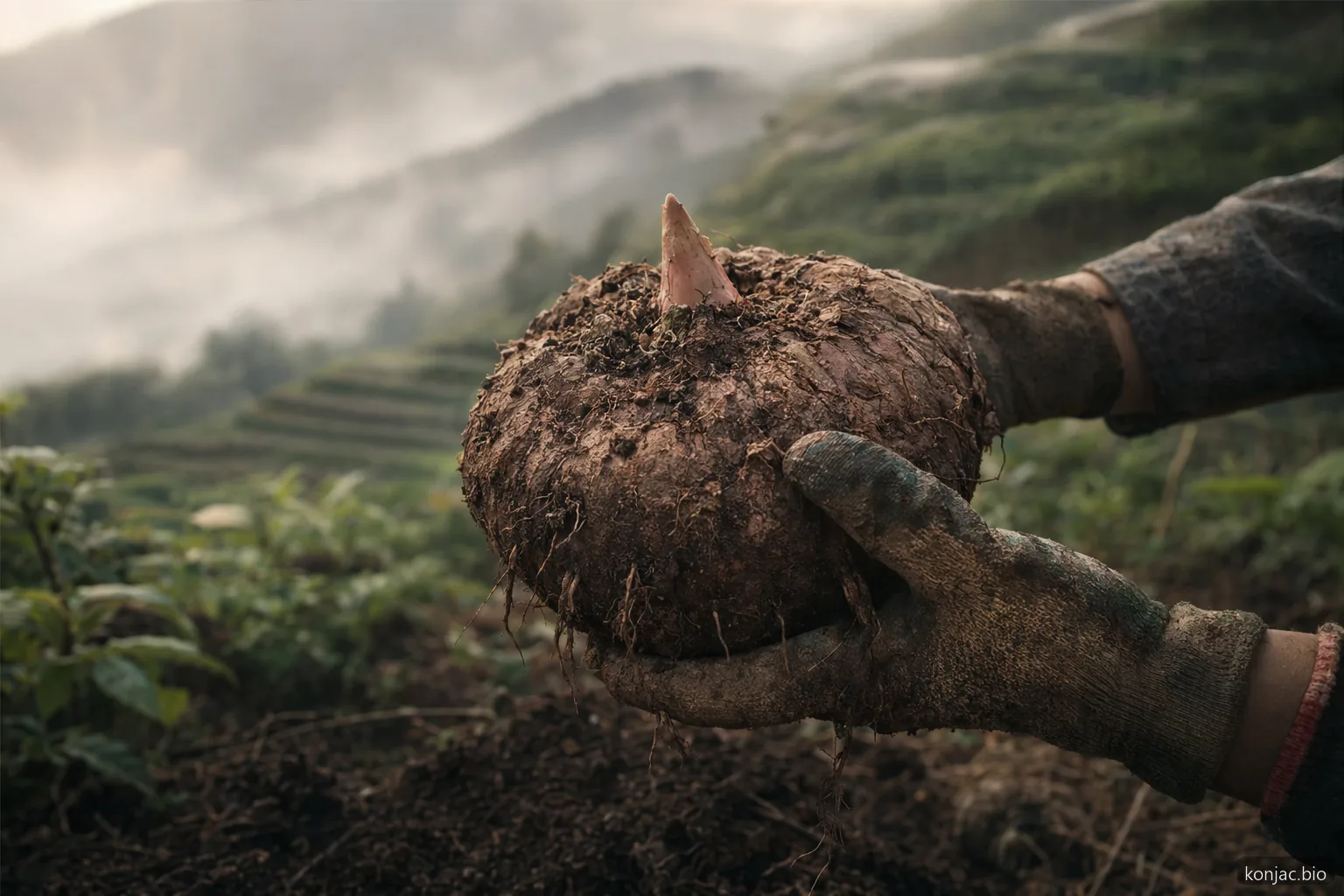 Konjac diabetes context begins with Amorphophallus konjac corms grown in terraced fields for glucomannan fiber.
