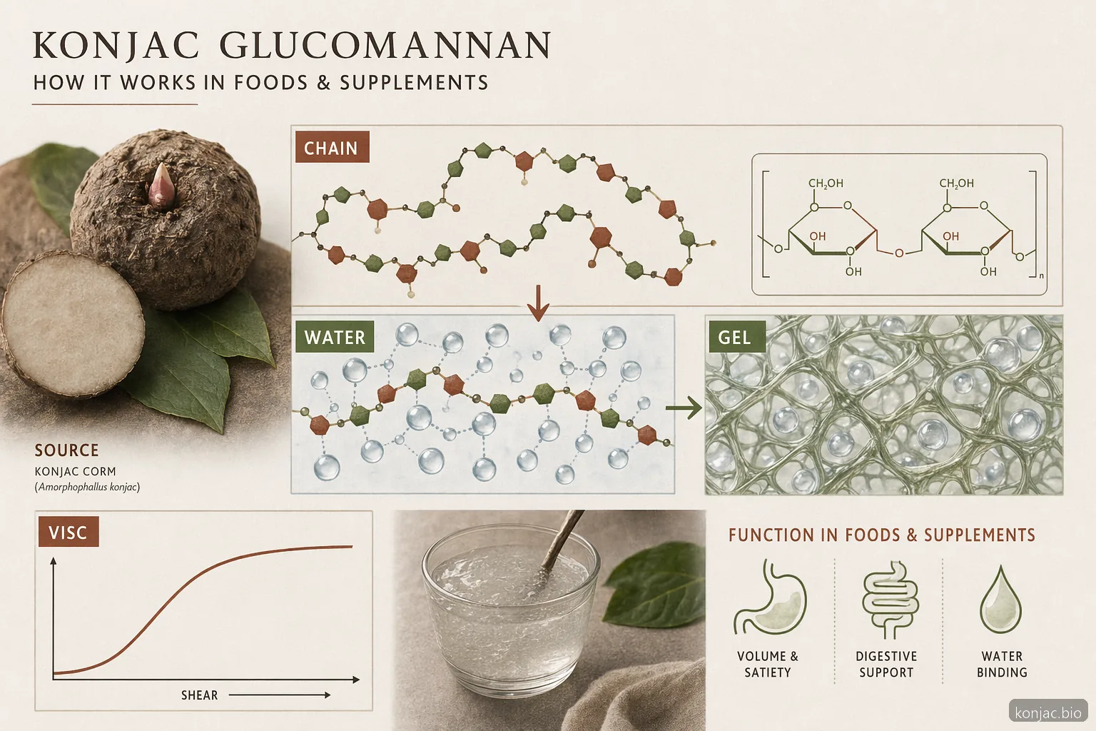 konjac glucomannan diagram explains water binding, thickening, gel formation, and satiety-related fiber behavior