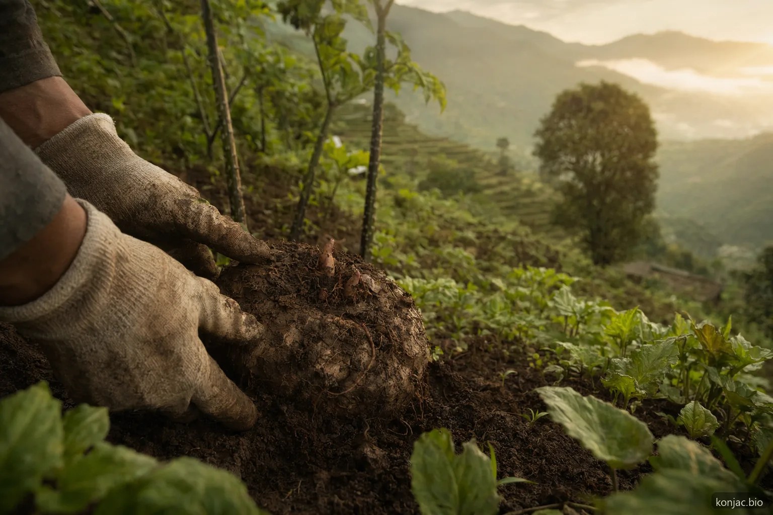 Konjac plants grow in humid hillside fields, where mature corms are harvested as the main commercial ingredient.