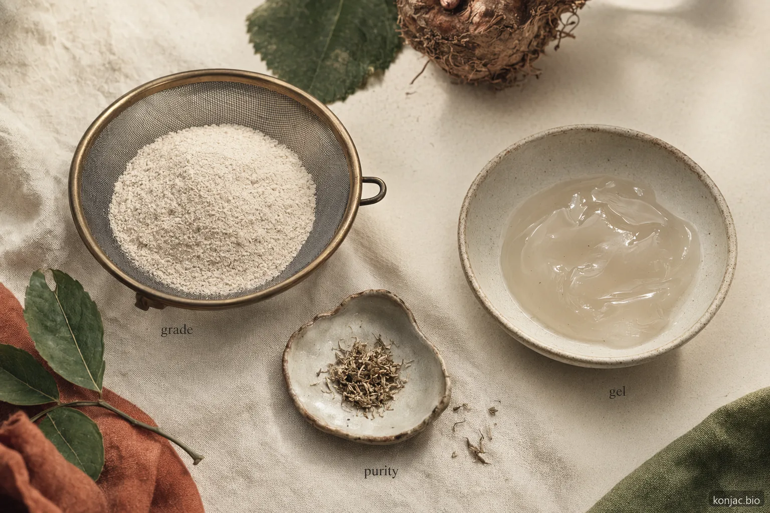 Glucomannan konjac powder specs compare grade, purity, and gel behavior in sourcing checks