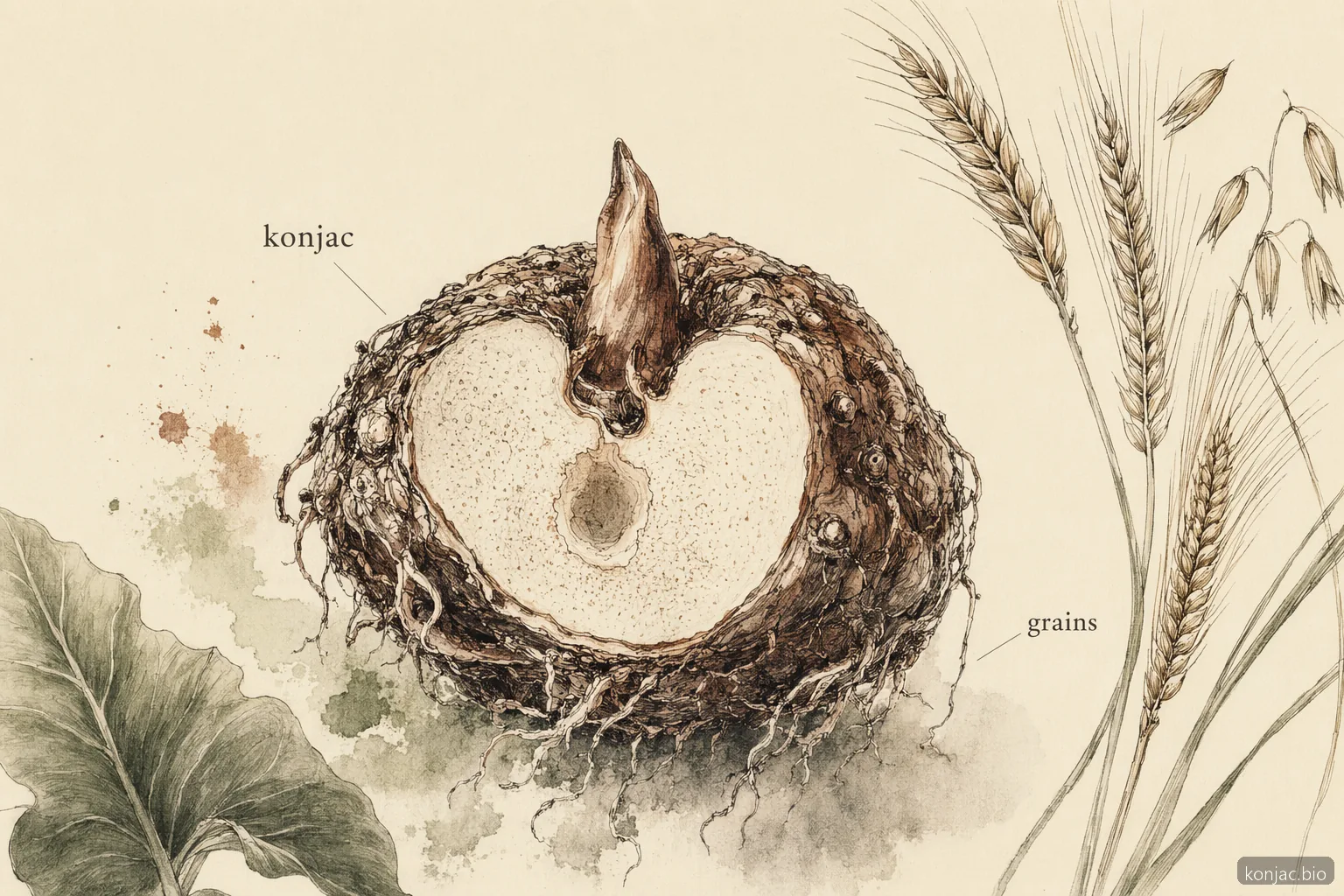 konjac flour gluten-free botanical plate shows the corm source is separate from wheat, rye, and barley grains.