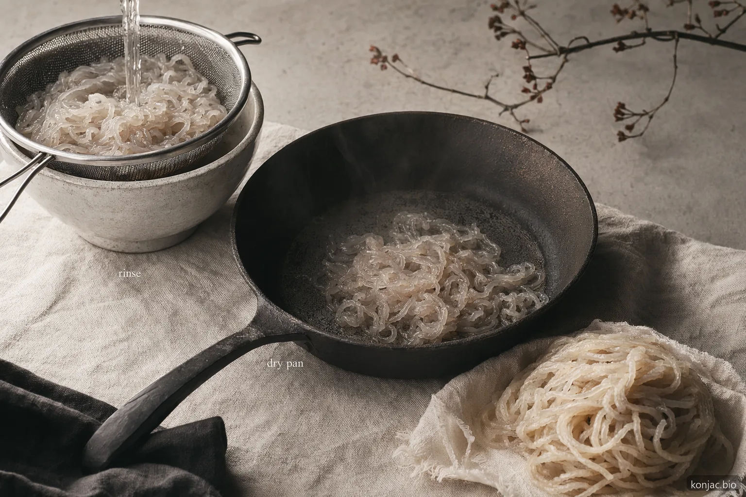 konjac flour pasta cooking improves texture when noodles are rinsed, dry-pan heated, then lightly sauced
