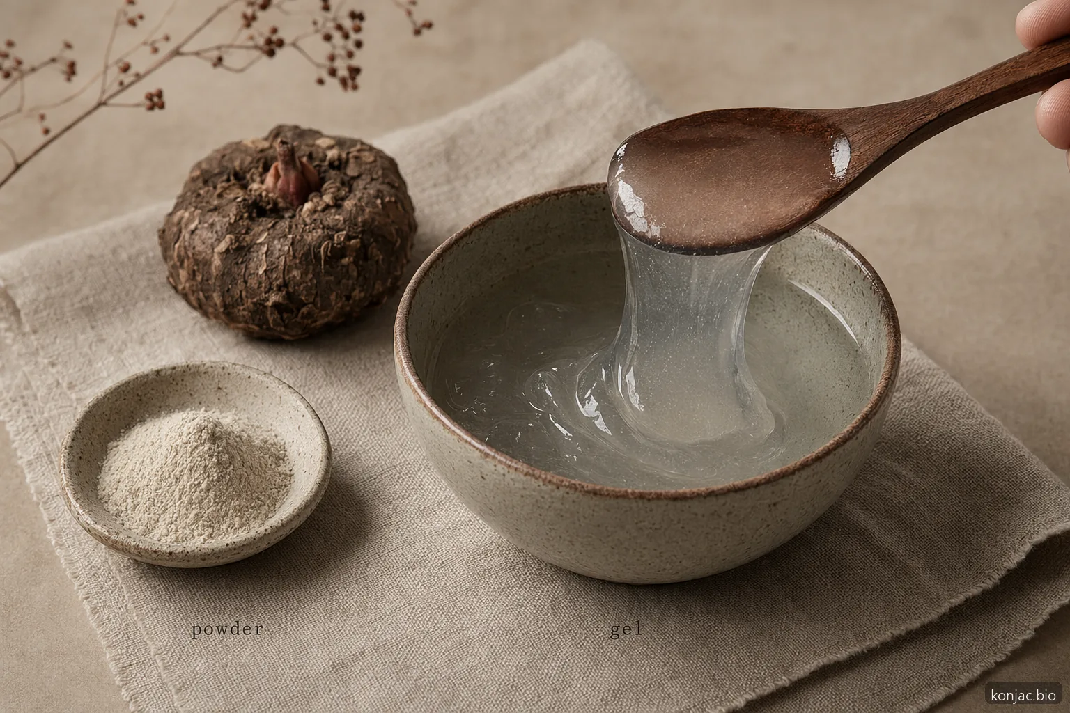 Konjac powder benefits hydration still life shows dry powder forming glossy gel that binds water and thickens foods.
