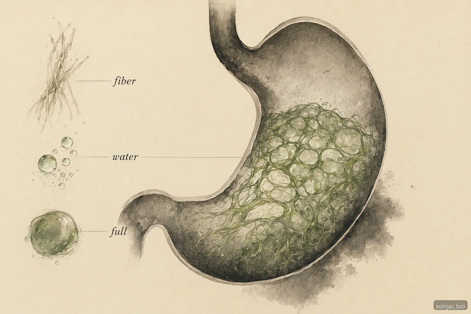 Konjac powder benefits stomach graphic shows glucomannan fiber hydrating into a gel that supports fullness.