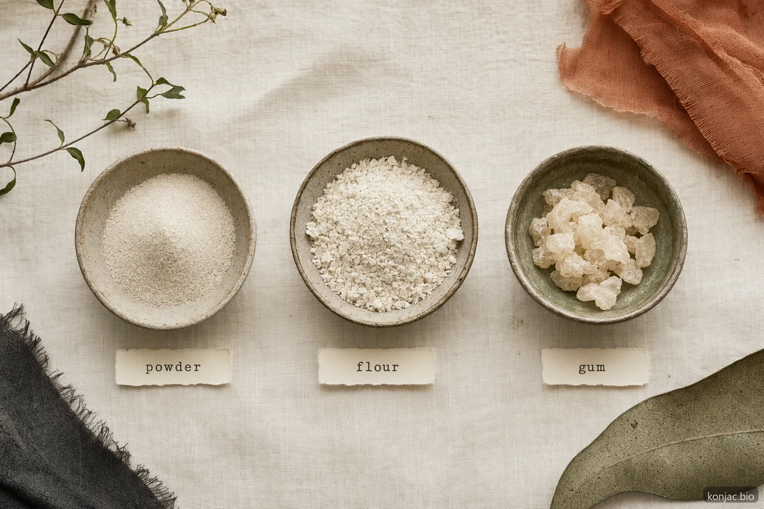 konjac powder, konjac flour, and konjac gum differ by refinement, texture, and labeling use for food brands