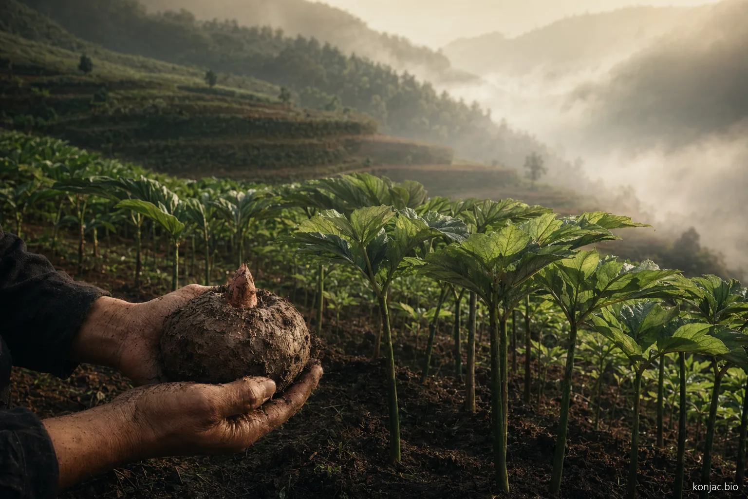 konjac gum starts with Amorphophallus konjac corms grown in terraced fields before cleaning, milling, and refining