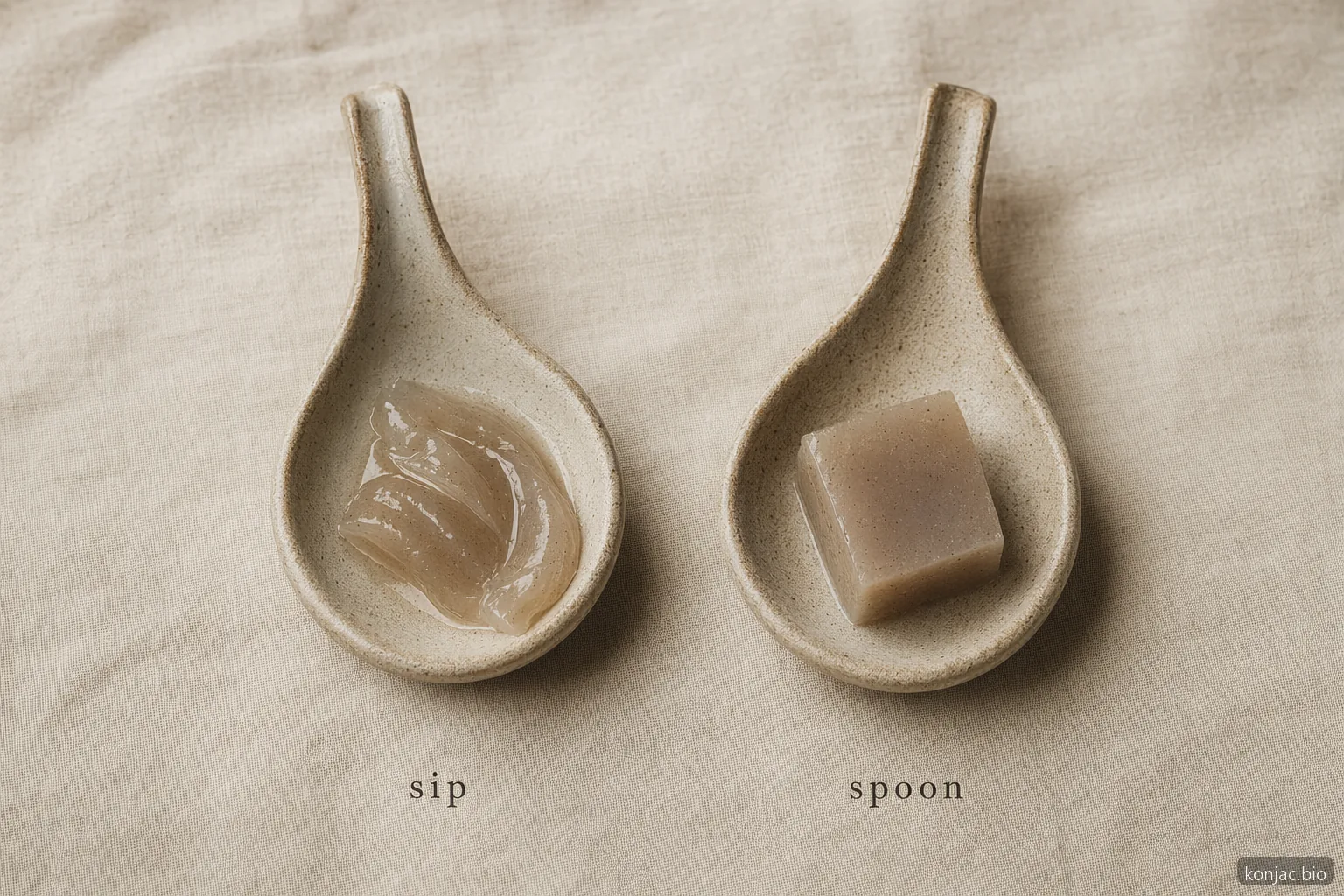 drinkable konjac jelly comparison shows loose sip texture beside a firm spoonable cube for product teams.