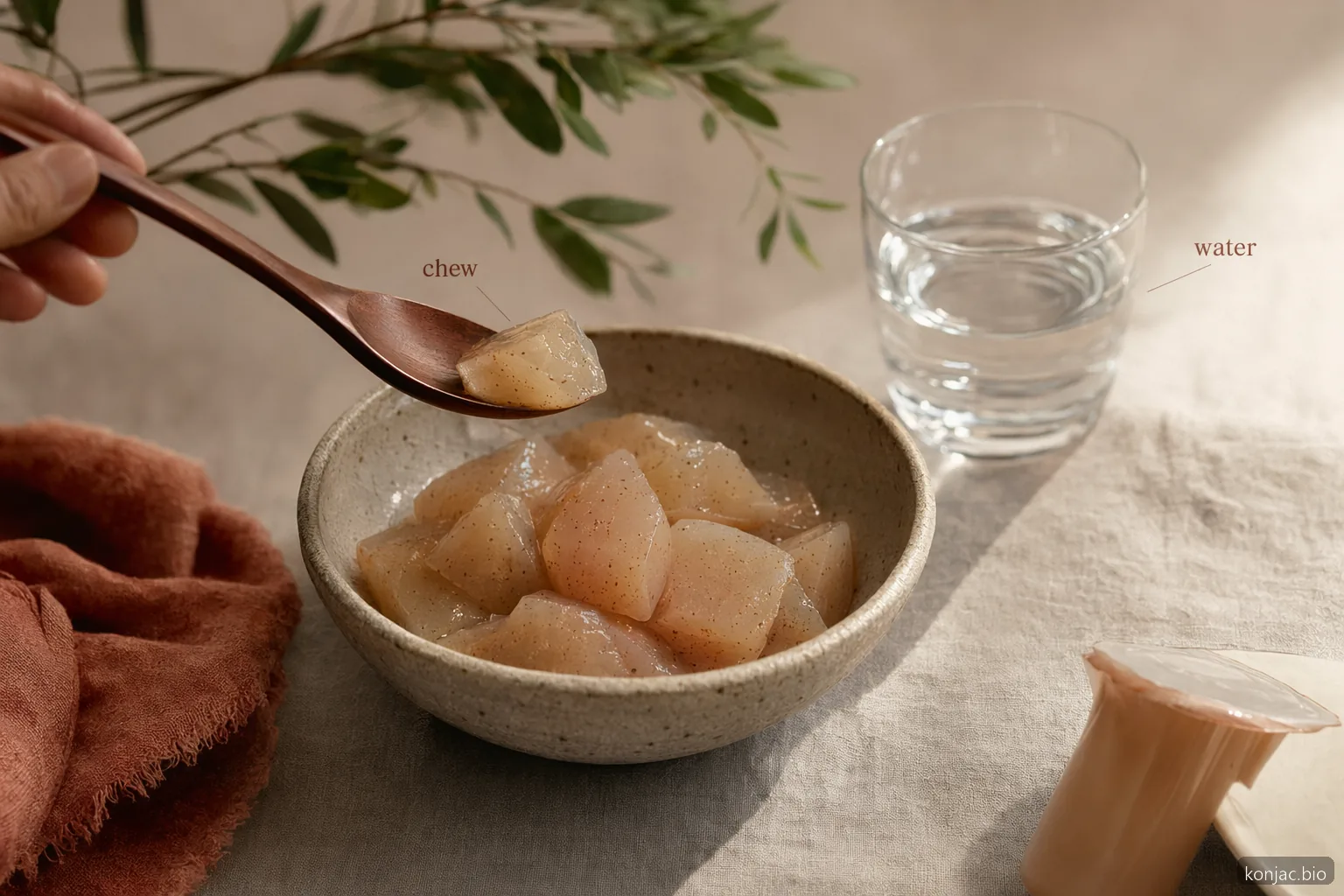 is konjac jelly good for you spoonable jelly pieces with water show safer chewing and hydration matter more than suction.