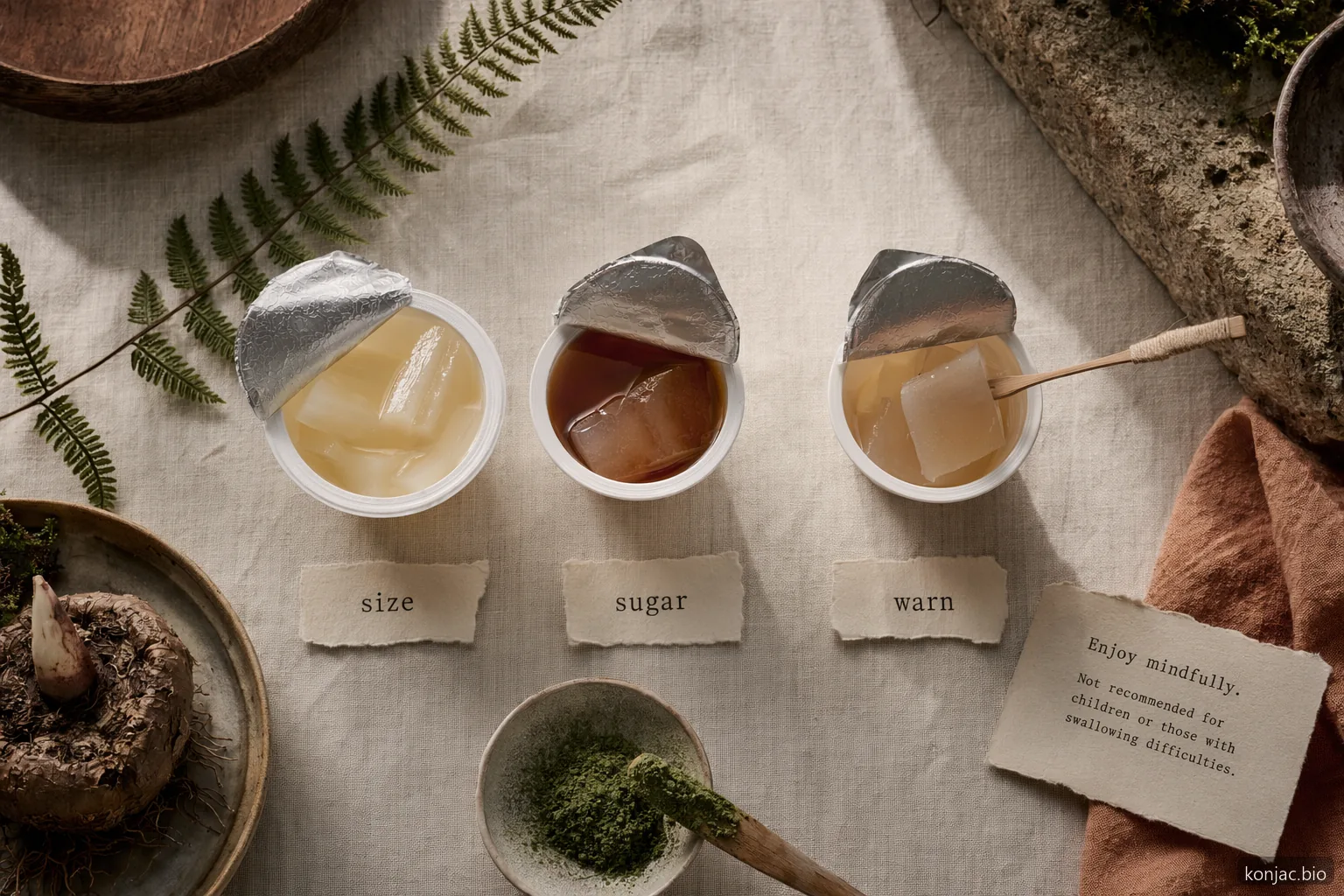 jelly b konjac jelly comparison shows cups should be judged by size, sugar, and warning clarity.