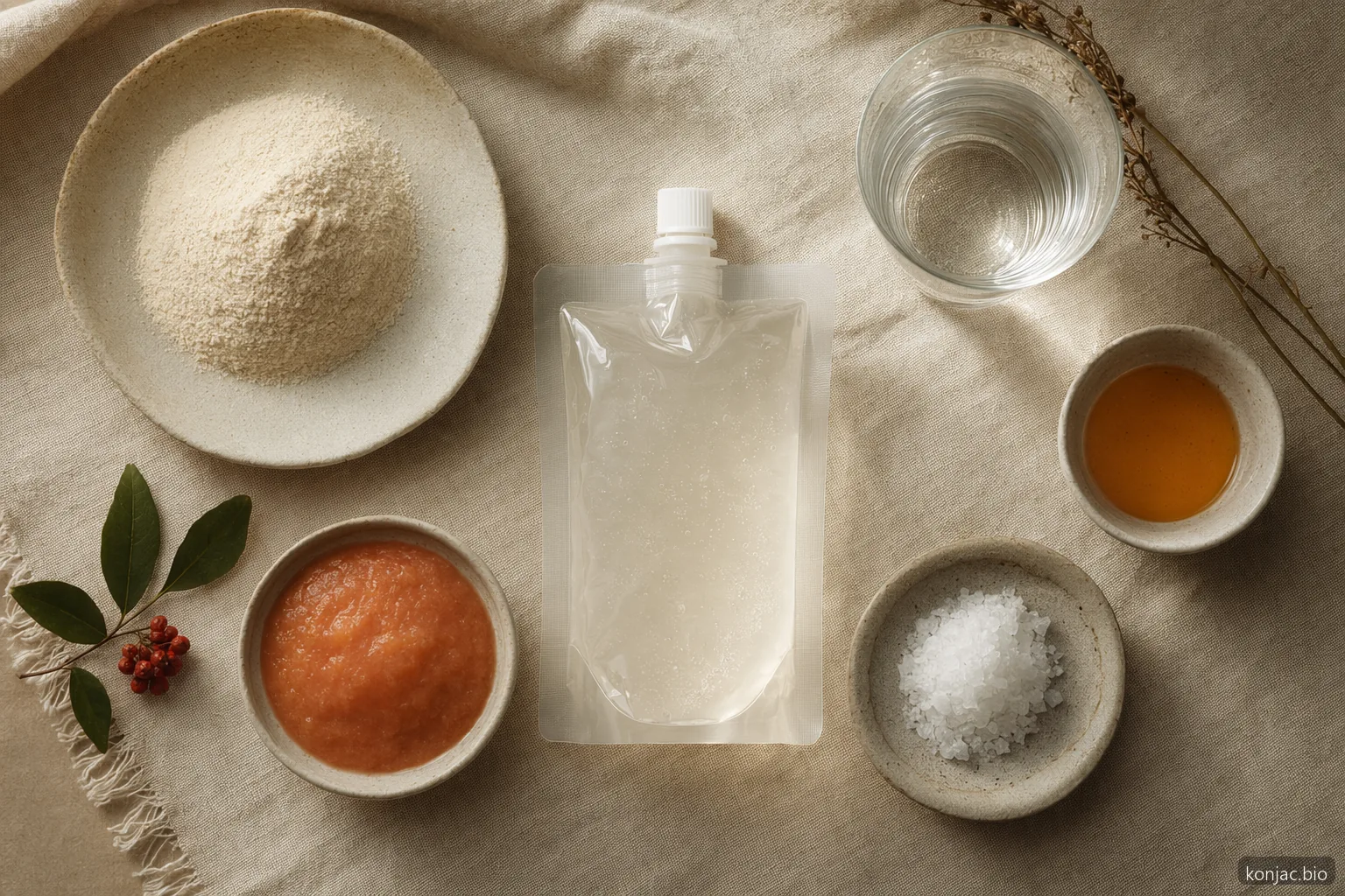 Konjac jelly pouch ingredients usually combine glucomannan powder, water, sweetener, acid, and fruit.