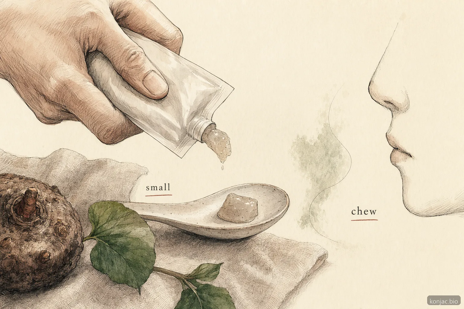 konjac jelly pouches should be squeezed into small bites and chewed slowly rather than swallowed whole