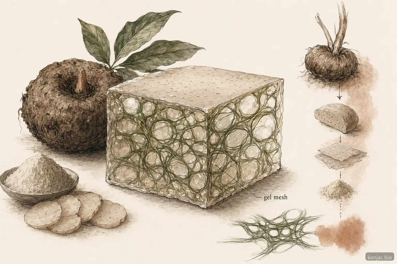 Konjac jelly snack texture comes from glucomannan forming a hydrated gel mesh that traps water for chew.