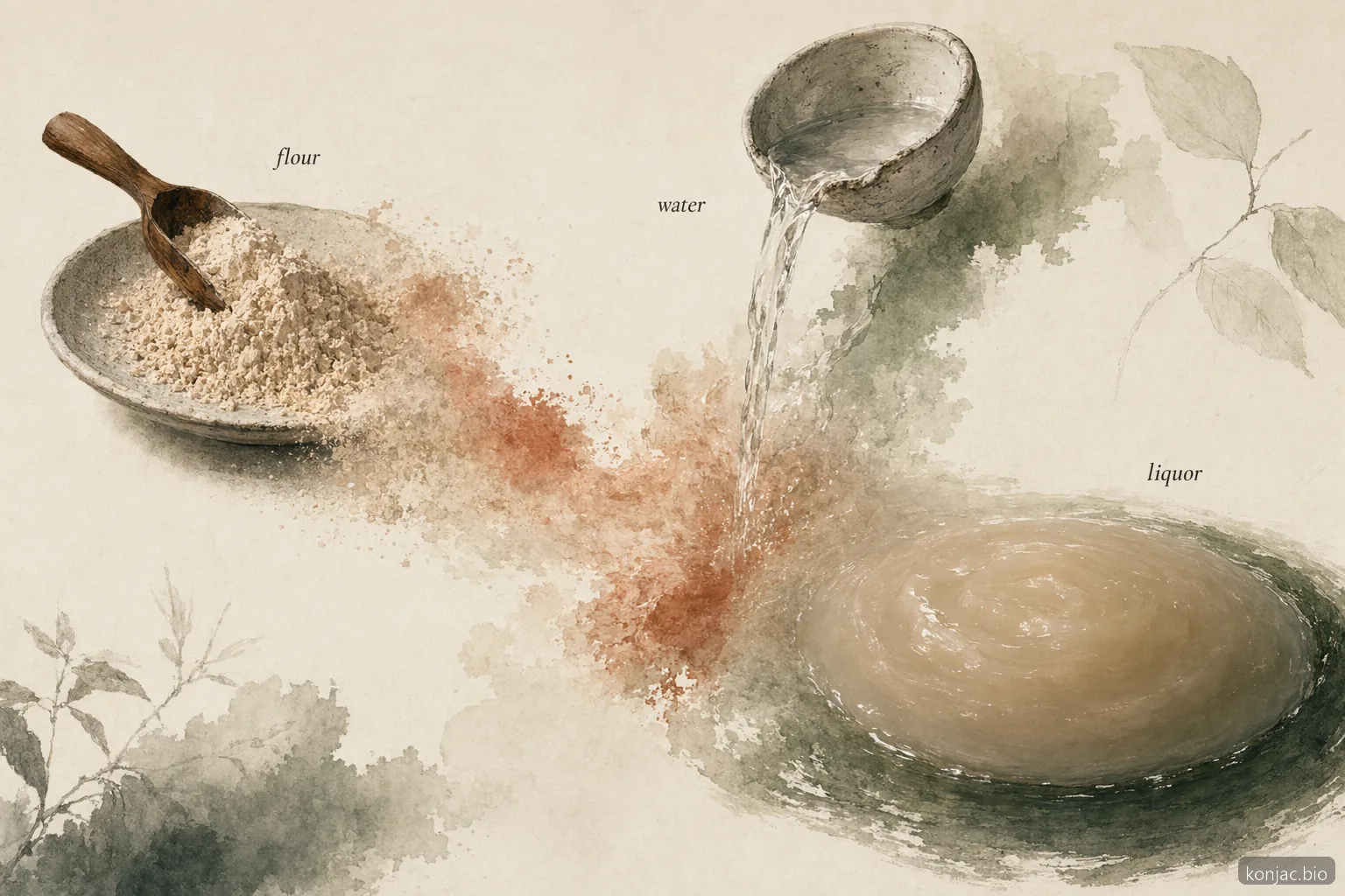 Konjac liquor forms when konjac flour hydrates in water, swelling into a smooth viscous manufacturing base.