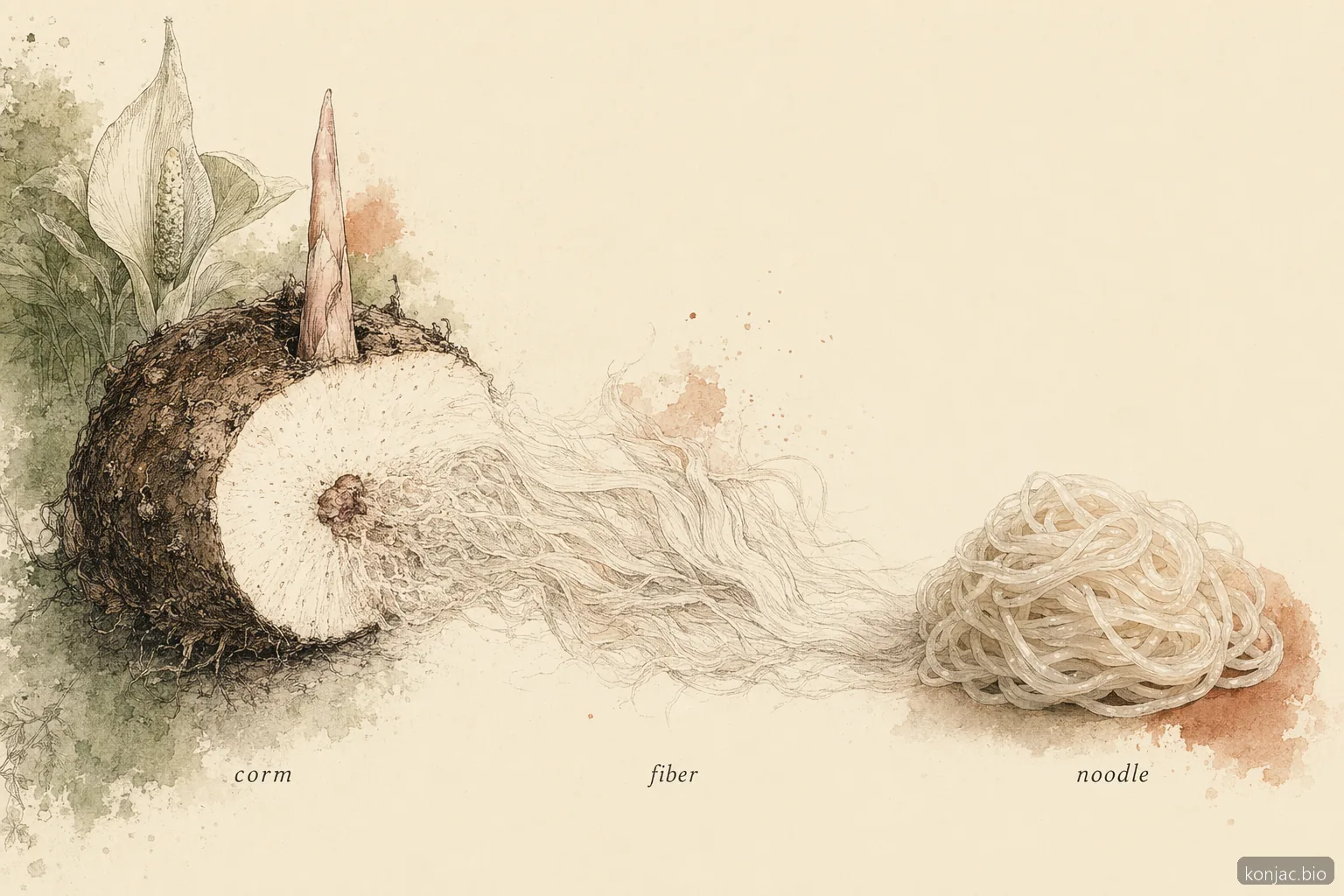 konjac noodle origin explained from konjac corm to glucomannan fiber and finished noodle in a simple botanical composition