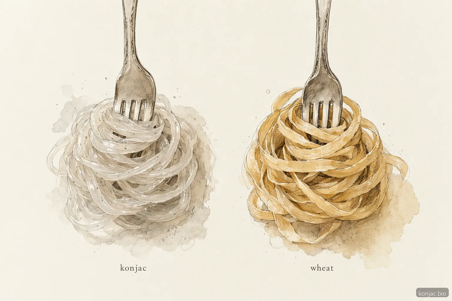 Konjac pasta comparison shows translucent fiber noodles differ from golden wheat pasta in structure.