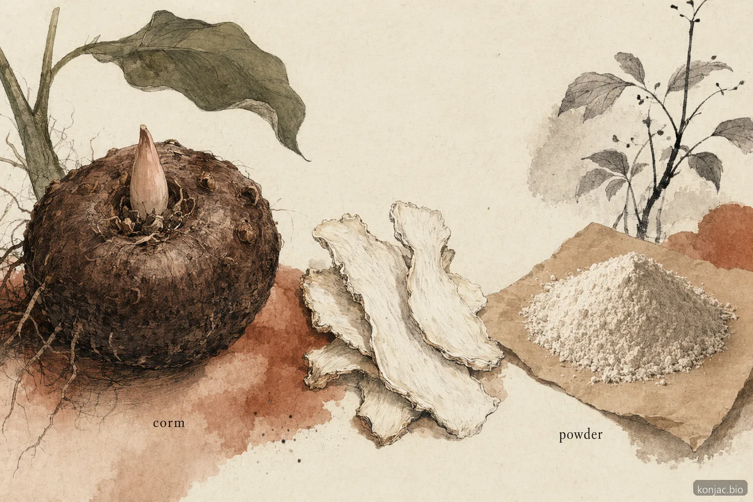 konjac root processing turns the corm into dried slices and fine glucomannan powder for foods and supplements