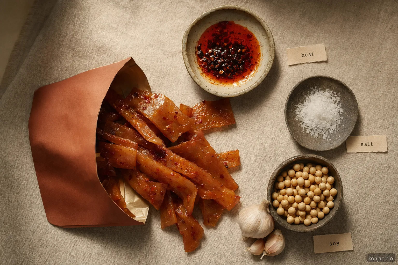 konjac shuang ingredient still life shows heat, salt, and soy as key pack checks for everyday snacking