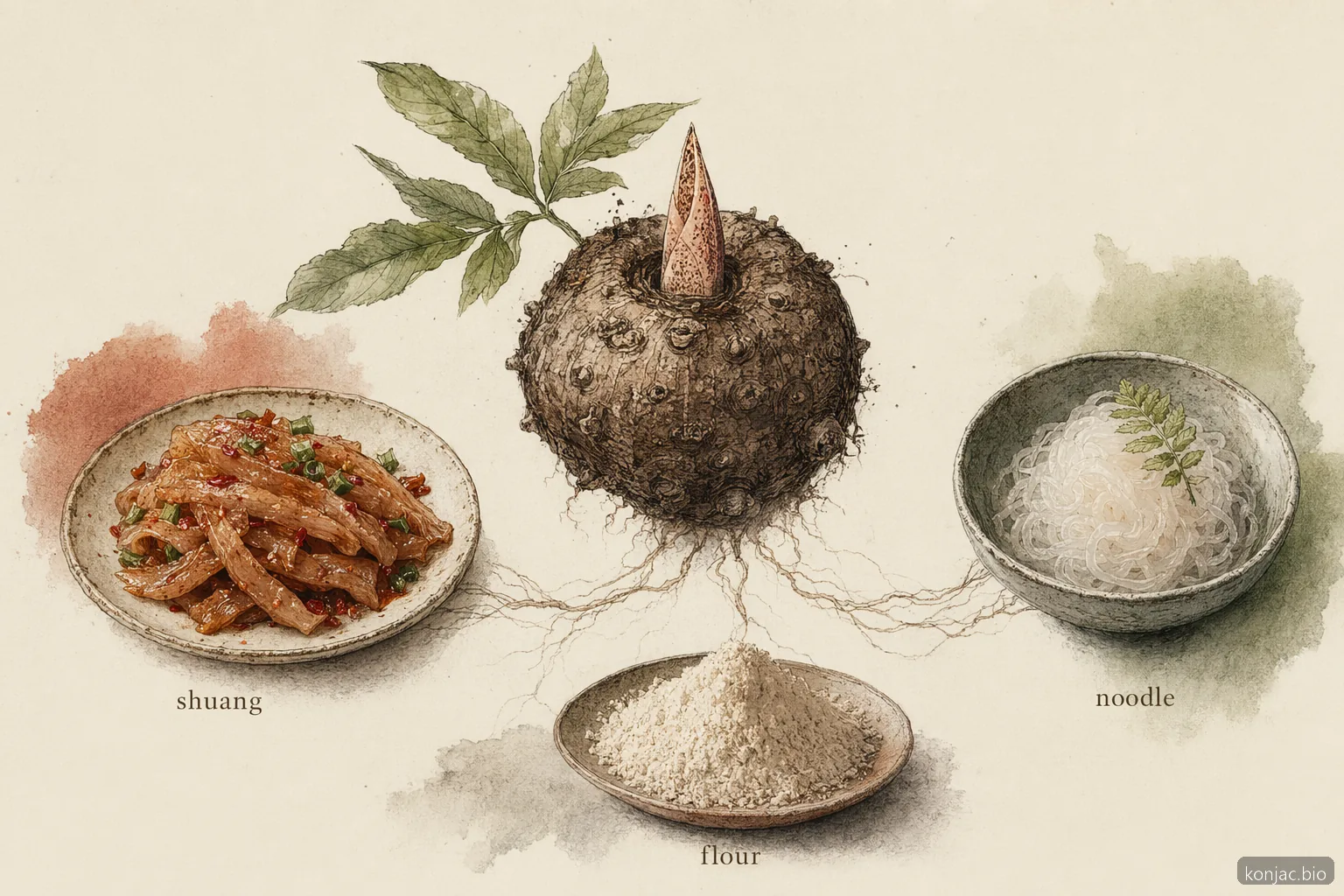 konjac shuang comparison shows one konjac corm becoming shuang strips, shirataki noodles, and konjac flour