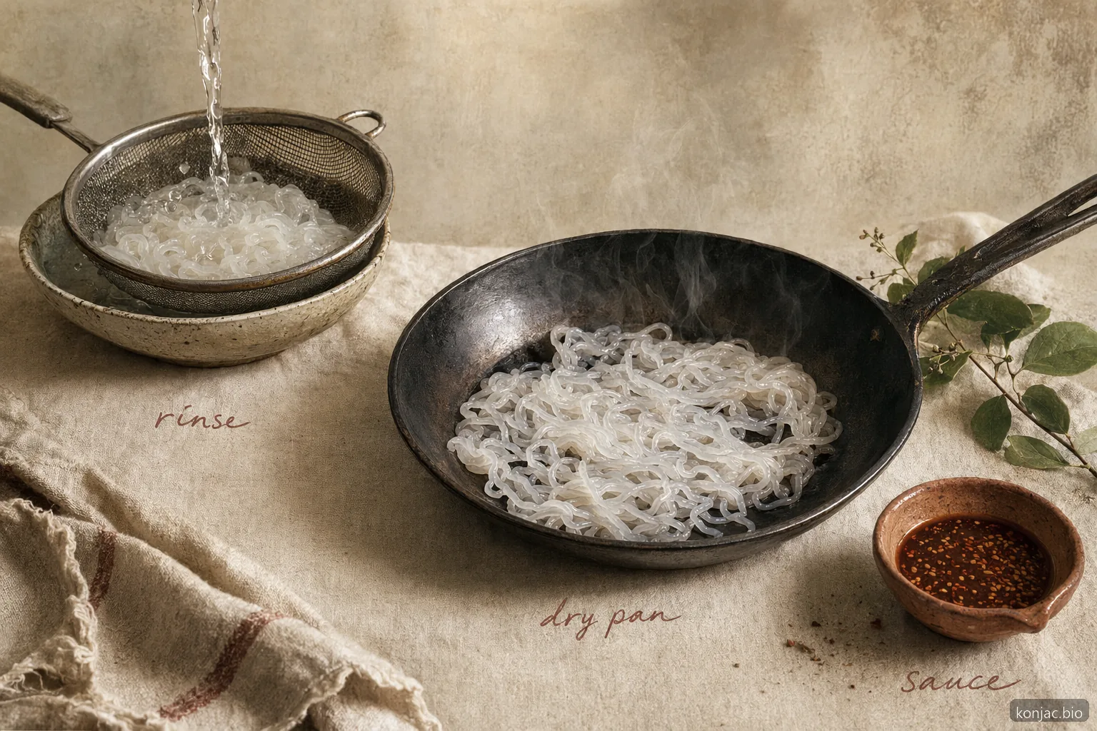 Konjac recipes dry-pan method shows rinsed shirataki, a hot skillet, and sauce added only after moisture cooks off