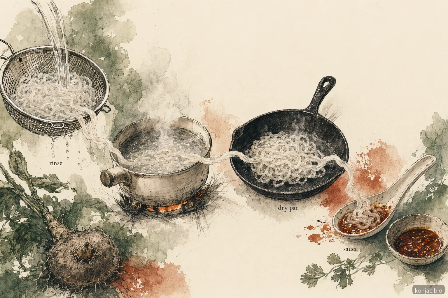 how to cook shirataki noodle method shows rinse, boil, dry pan, then sauce for cleaner aroma and firmer bite
