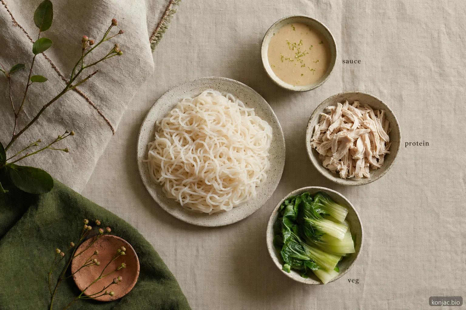 how to cook with shirataki noodles by pairing dry noodles with bold sauce, protein, and vegetables for better flavor