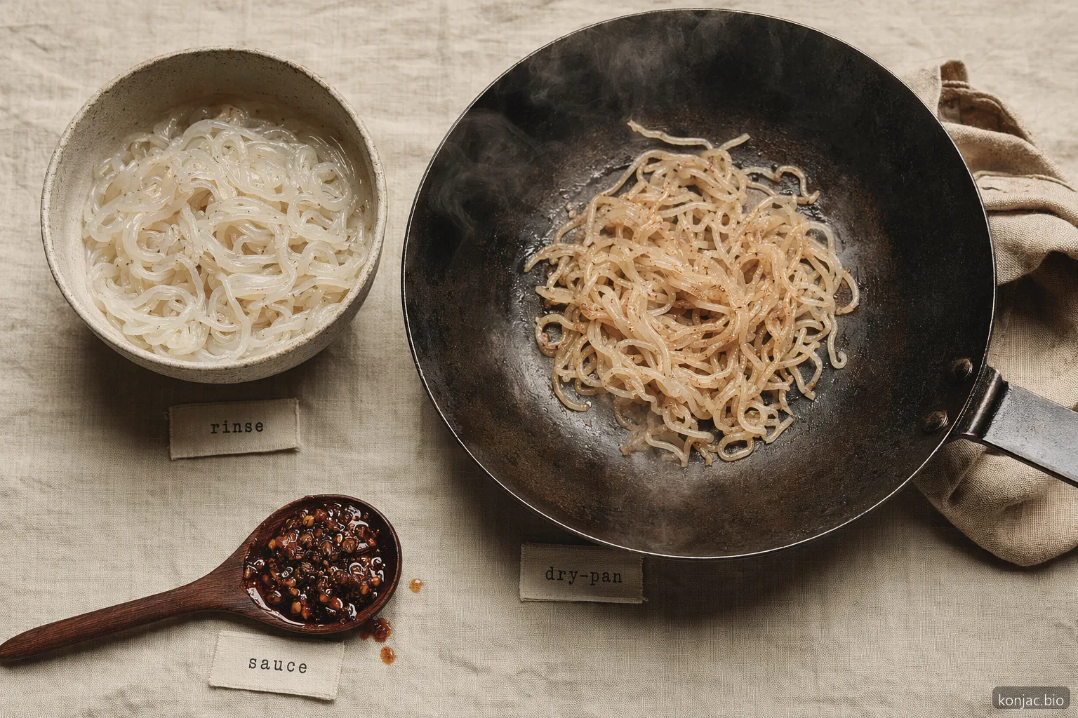 Konjac noodles recipes prep still life shows rinse, dry-pan, and sauce as the key steps before cooking