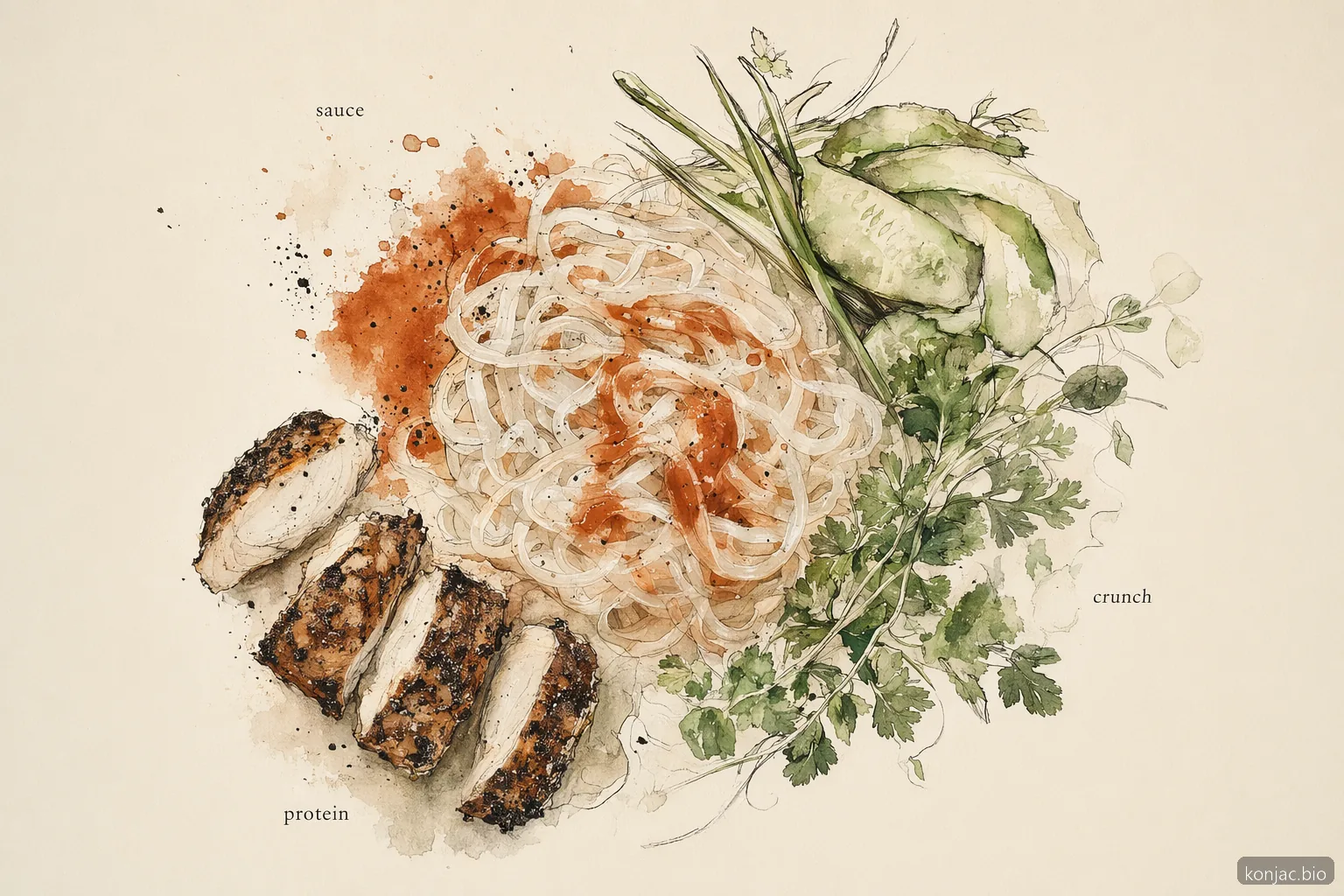 Konjac noodles recipes flavor study shows bold sauce, crisp vegetables, and protein carry flavor without starch