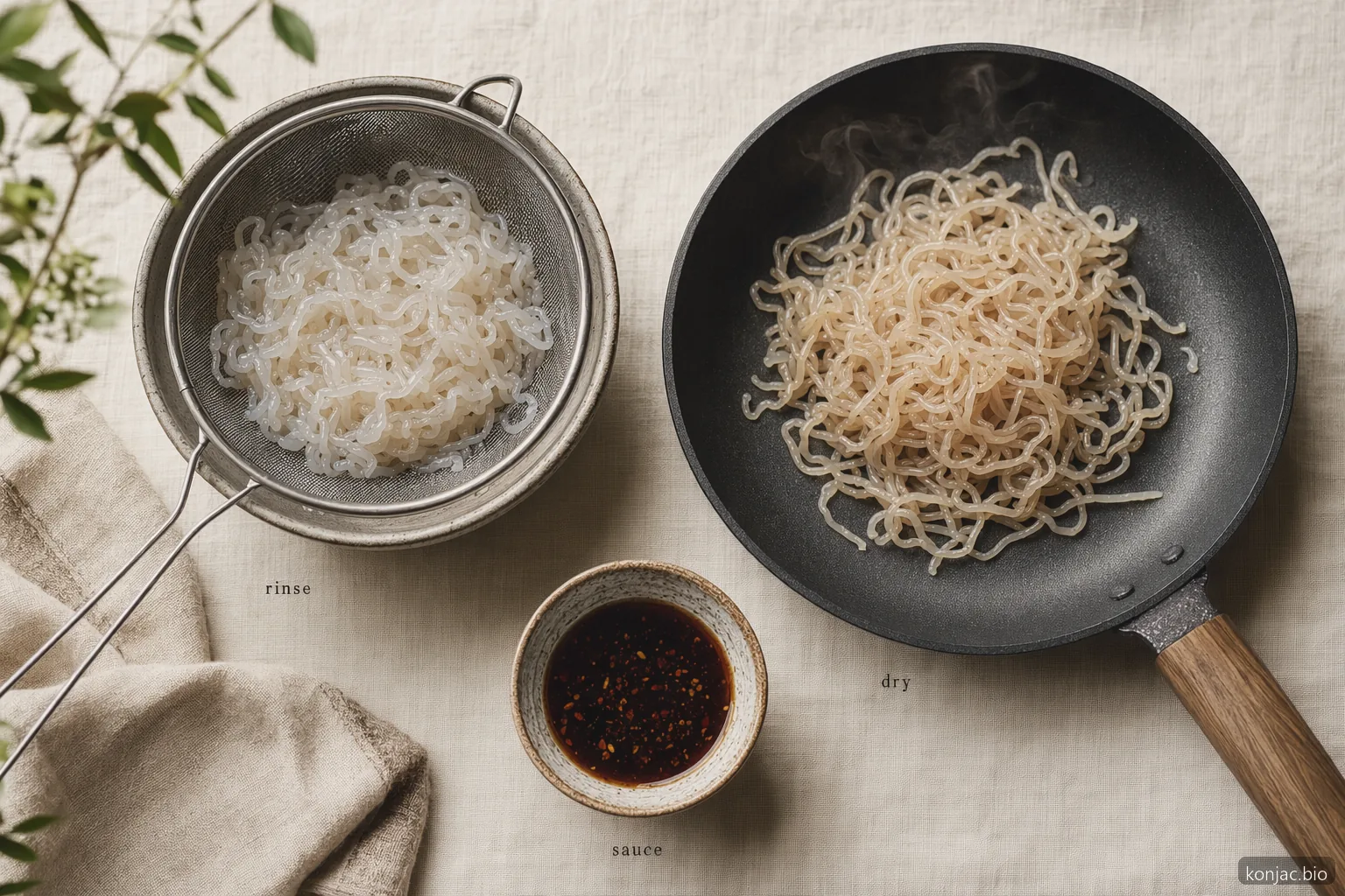 Recipes for konjac noodles start with rinsing, dry-panning, then adding sauce so shirataki tastes cleaner.