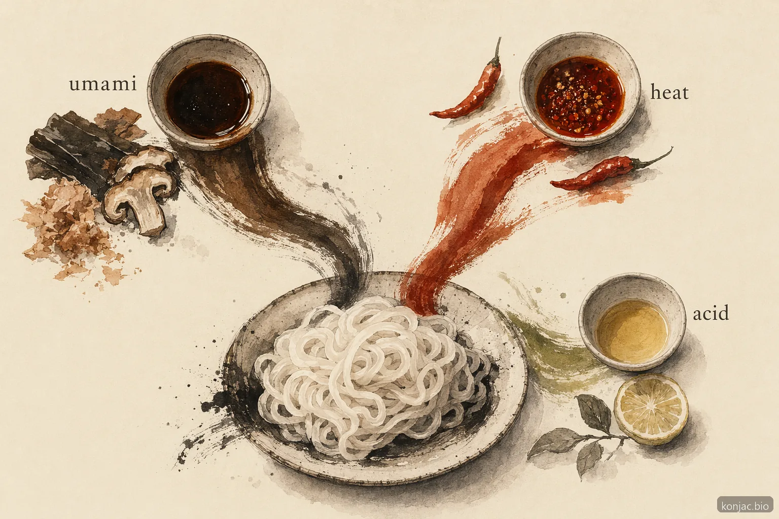 Recipes for konjac noodles work best with balanced umami, heat, and acid because shirataki has a neutral base.