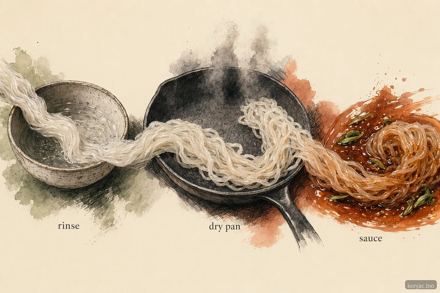 shirataki noodle recipes work best when rinsed, dry-panned, then coated with a bold sauce that clings