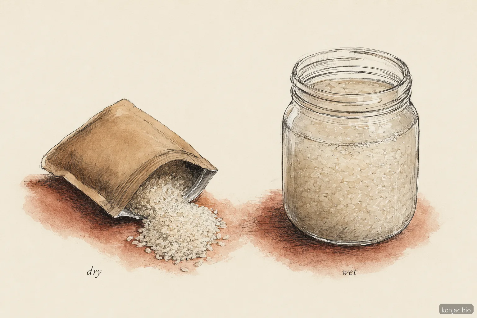 Dry konjac rice stores compactly without brine, while wet konjac rice needs liquid-filled packaging