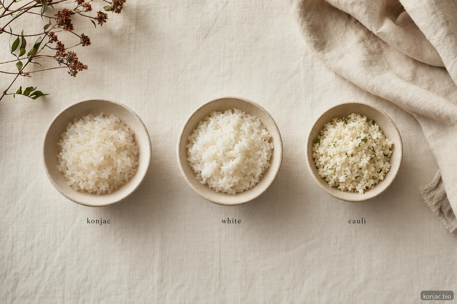 Konjac rice calories comparison uses equal bowls of konjac, white rice, and cauliflower rice to show lower energy swaps.