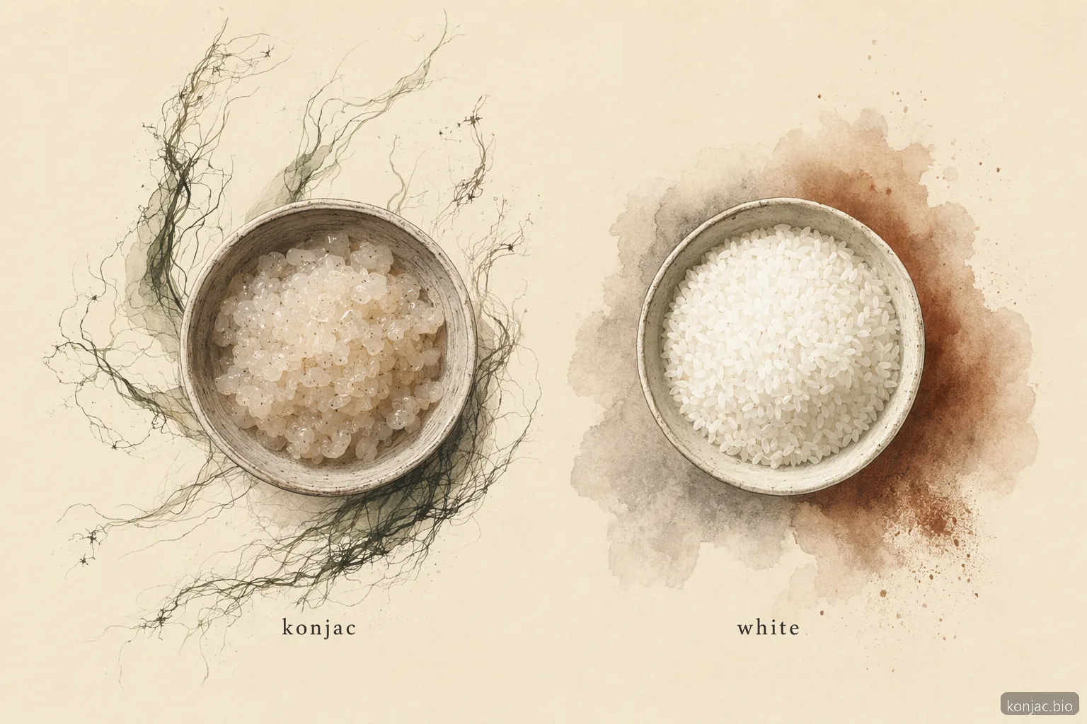shirataki konjac rice contains mostly water and glucomannan fiber, while white rice is visibly starchier