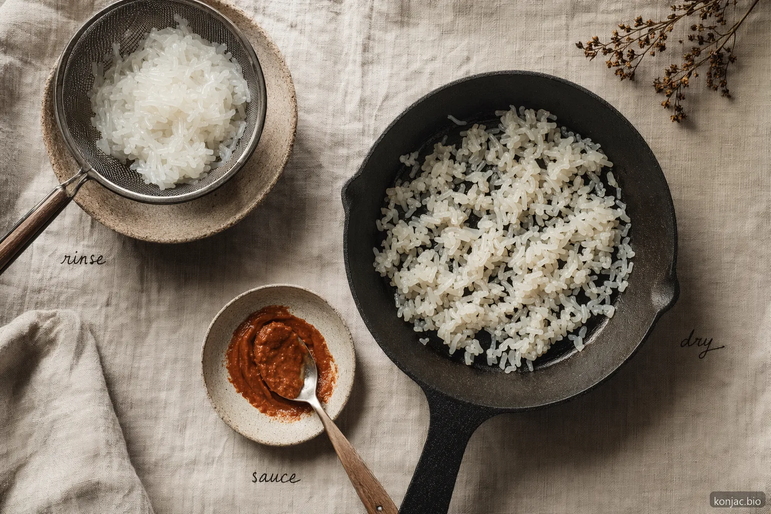 shirataki konjac rice tastes better when rinsed, dry-heated, and finished with a bold sauce