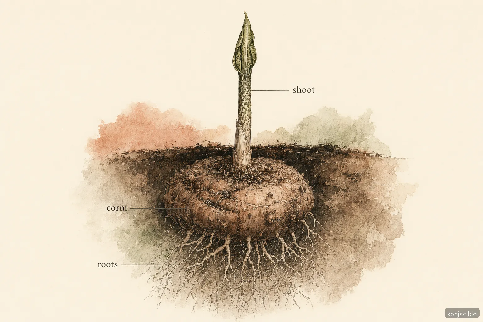 root of konjac botanical cutaway shows the edible corm is a swollen stem, with true roots below