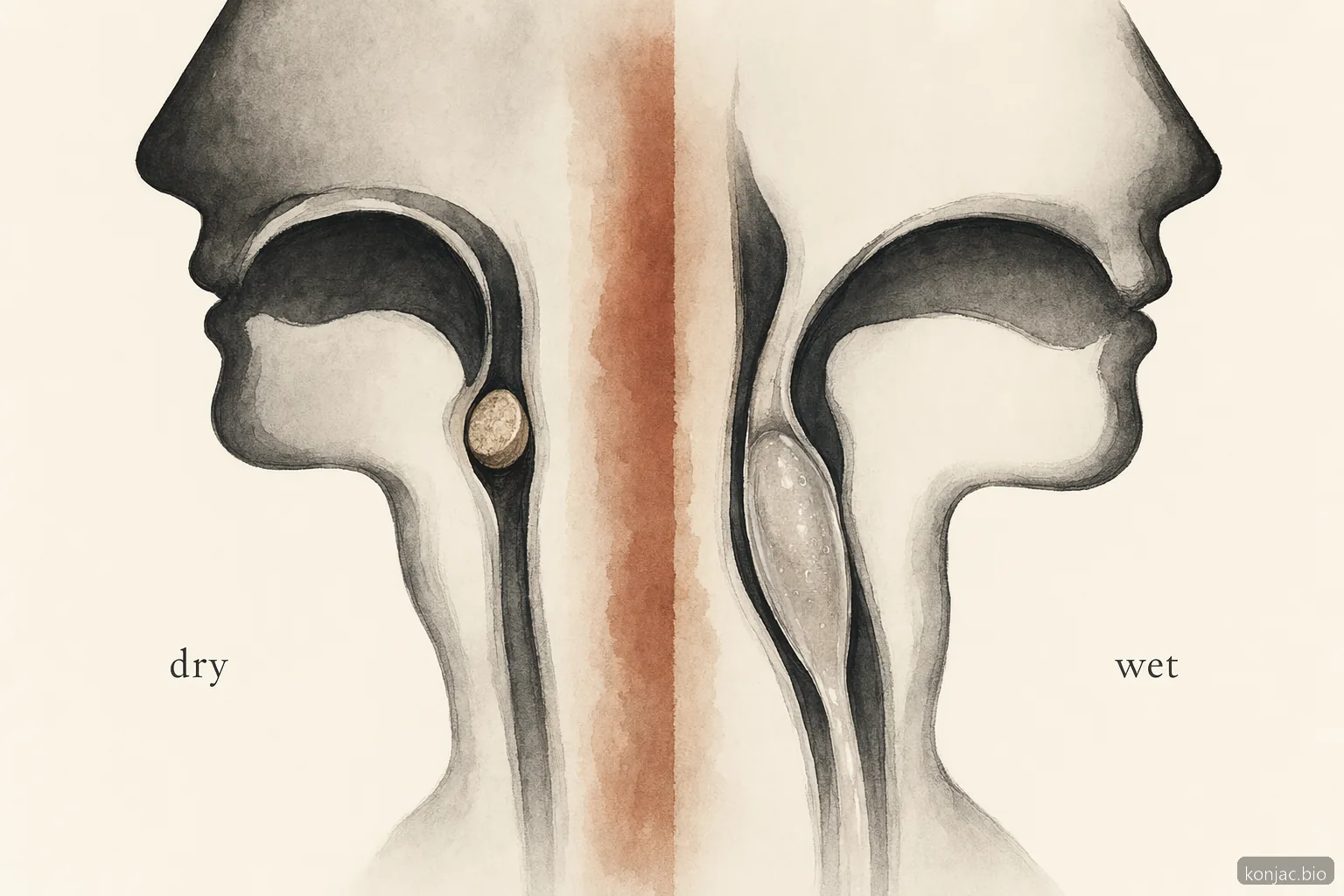 Konjac side effects choking detail shows dry tablets or firm jelly can lodge before swelling safely.