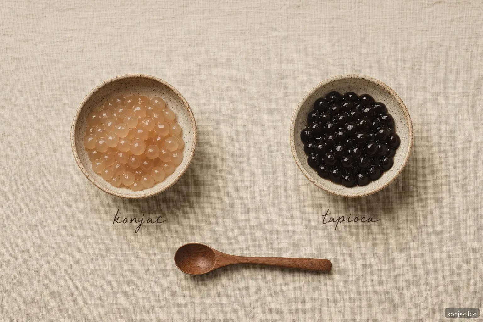 konjac boba differs from tapioca pearls by looking clearer and supporting lower-starch drink formats