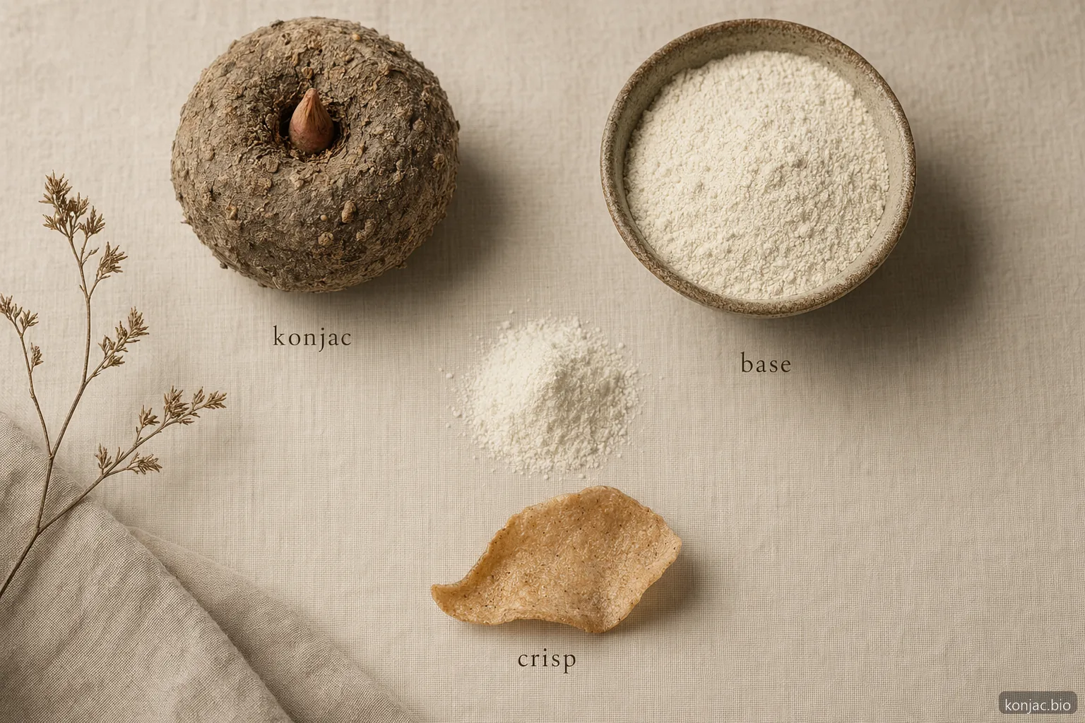 konjac chips use konjac flour with rice or lentil bases, not konjac alone, to create light snack crunch