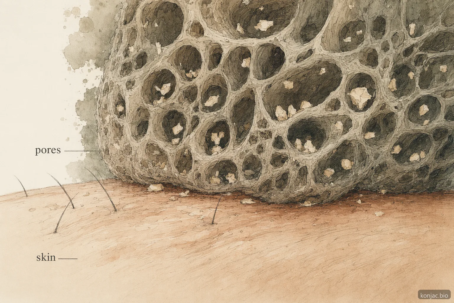 benefits of a konjac sponge explained by porous fibers that lift surface flakes without harsh scrubbing