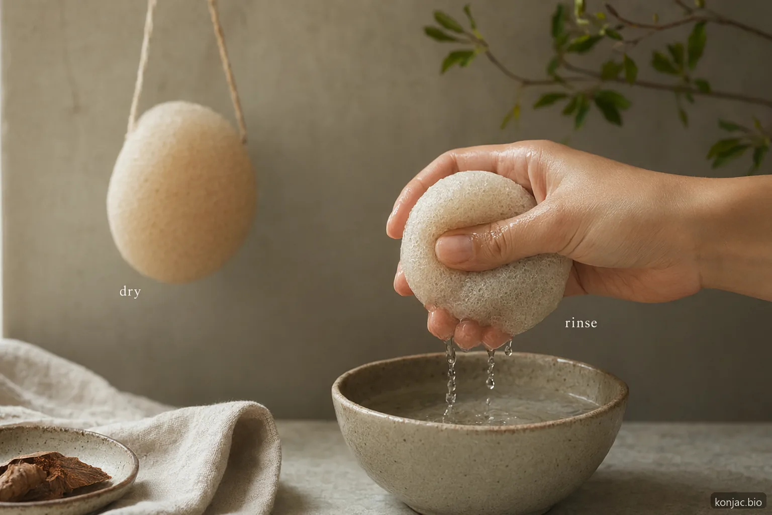 konjac sponge hygiene depends on rinsing after cleansing, squeezing gently, and drying fully between uses.