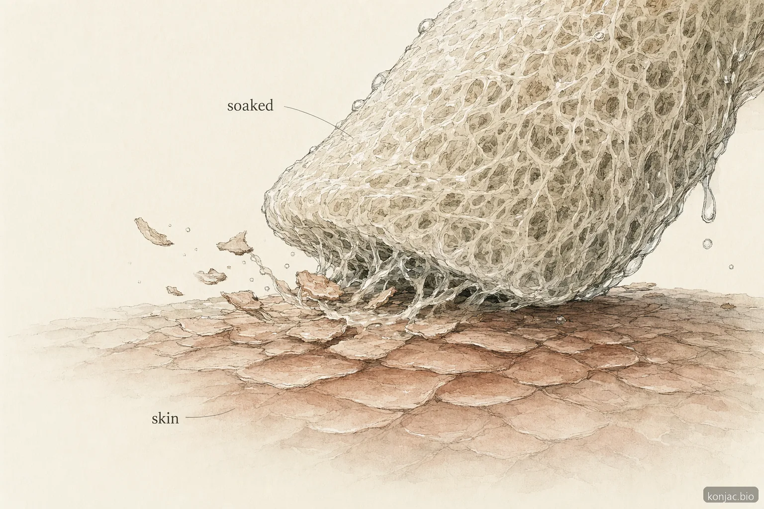 Exfoliating konjac sponge works best when soaked, using soft porous fiber to polish skin with low scratch.